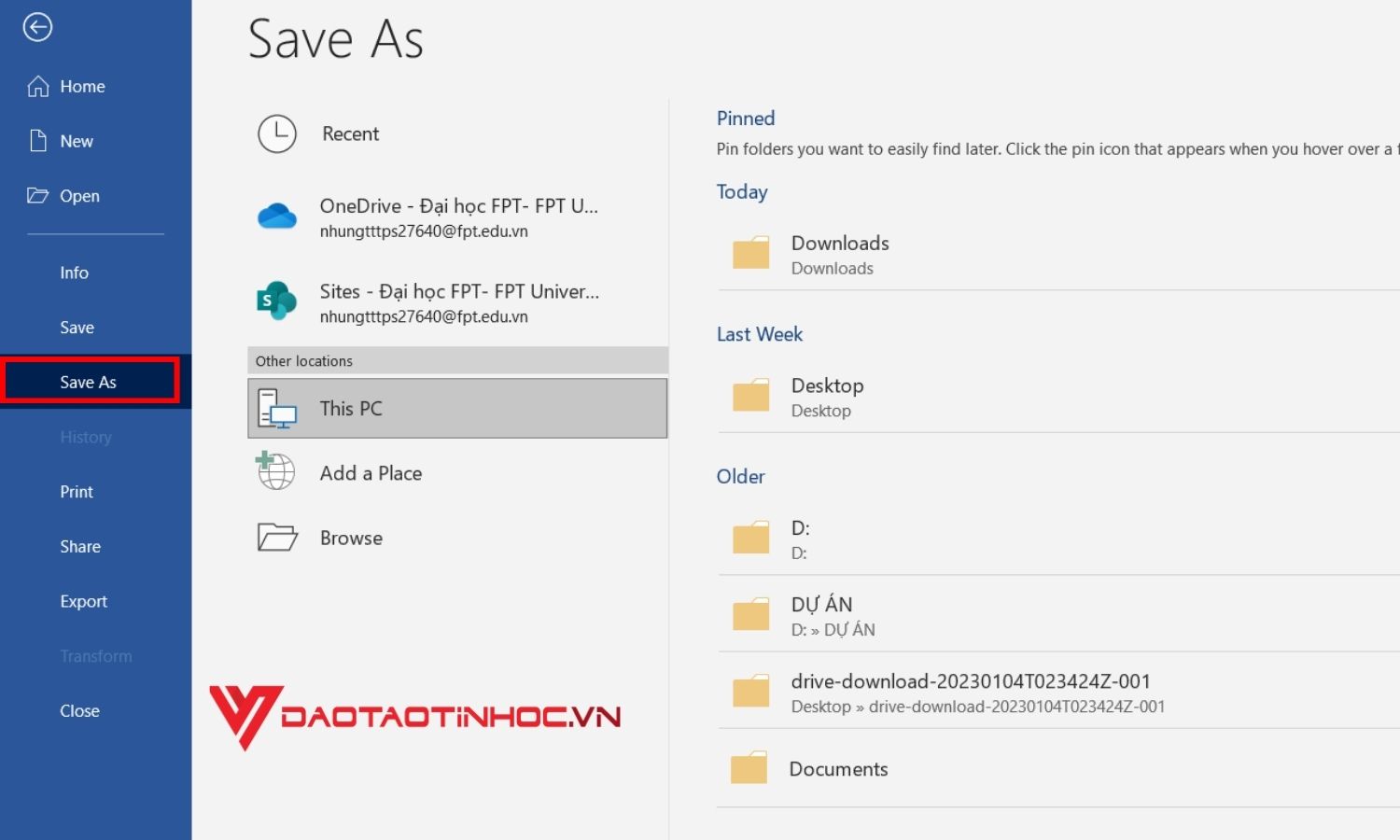 Cách lưu để khắc phục lỗi dính chữ trong word phiên bản 2010 trở đi bước 1