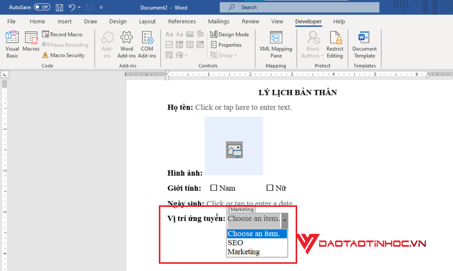 Cách thêm các trường nội dung để tạo form trong Word - Drop-down - Kết quả
