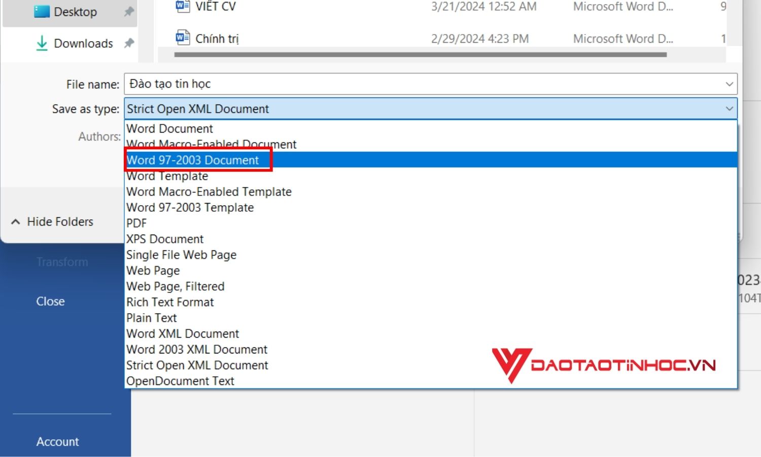 Cách lưu để khắc phục lỗi dính chữ trong word phiên bản 2010 trở đi bước 2