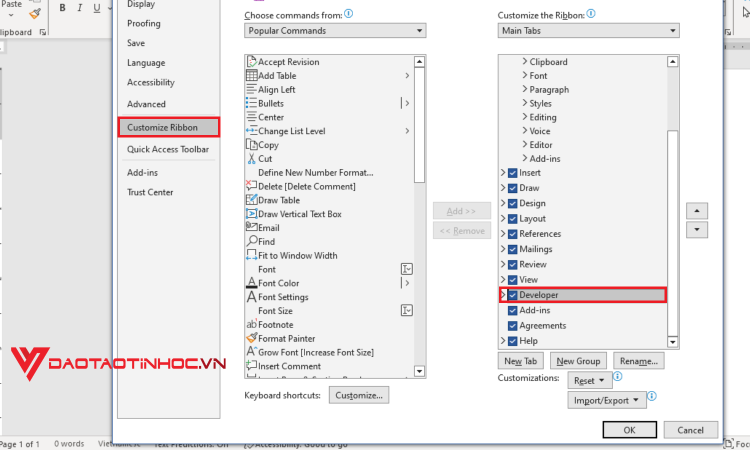 Cách bật tab Developer trên thanh Ribbon để tạo form trong Word - Bước 2