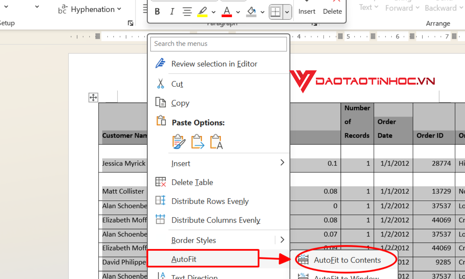 Cách bật tính năng tự động AutoFit để căn chỉnh văn bản, hàng và cột trong Word
