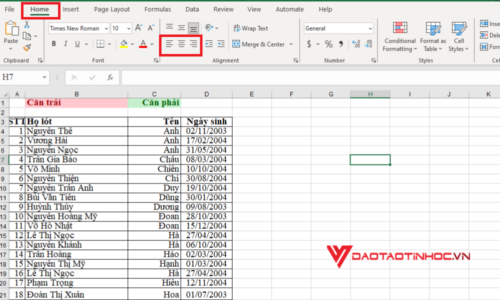 Cách căn chỉnh văn bản trong Excel bằng thanh Menu theo chiều ngang