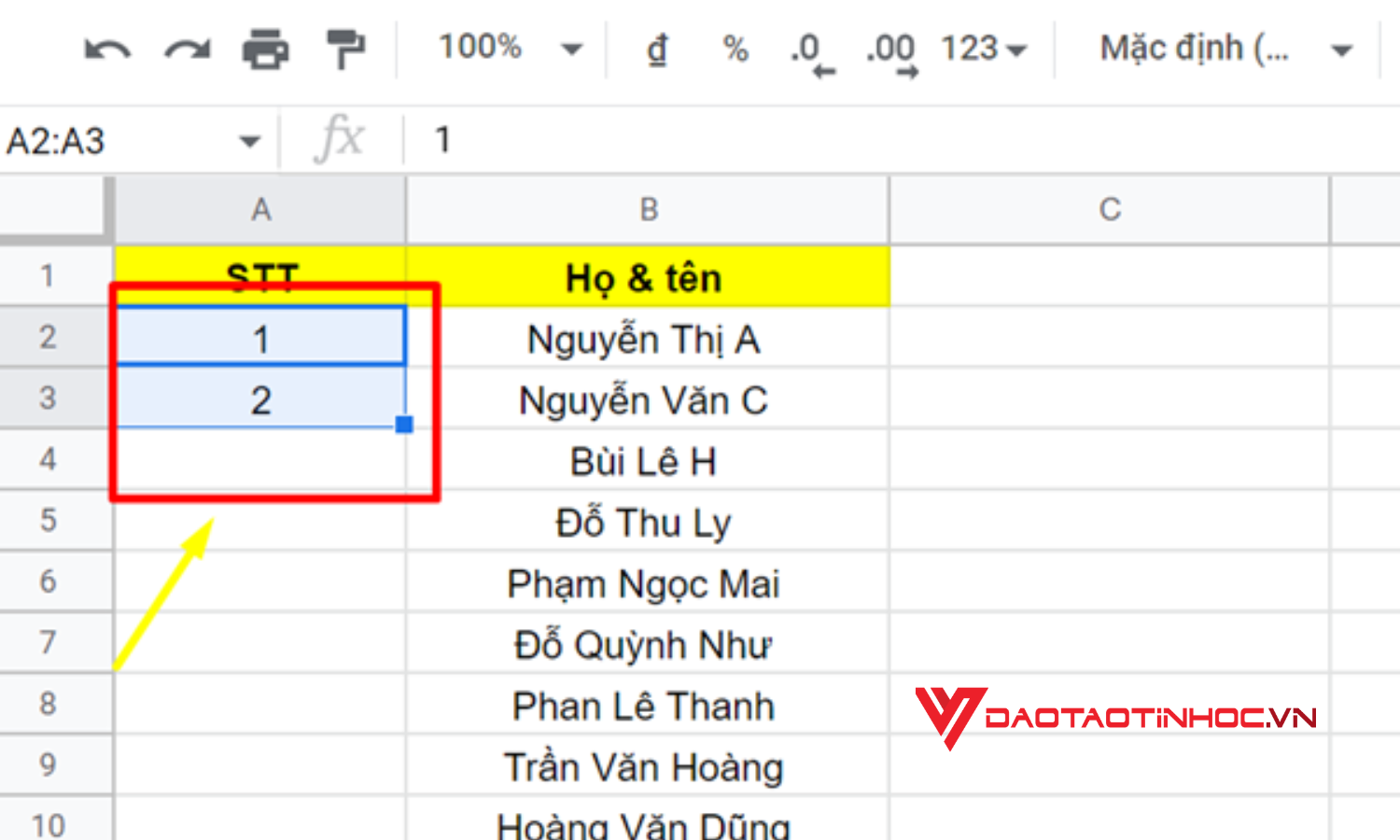 Cách đánh số thứ tự trong Google Sheet tự động - Bước 2