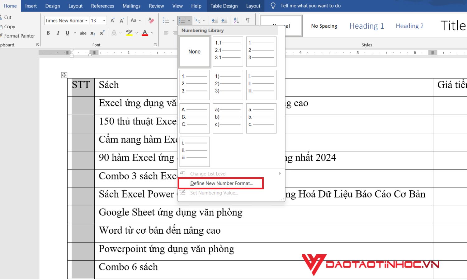 Cách đánh số thứ tự trong Word cho một cột - bước 3