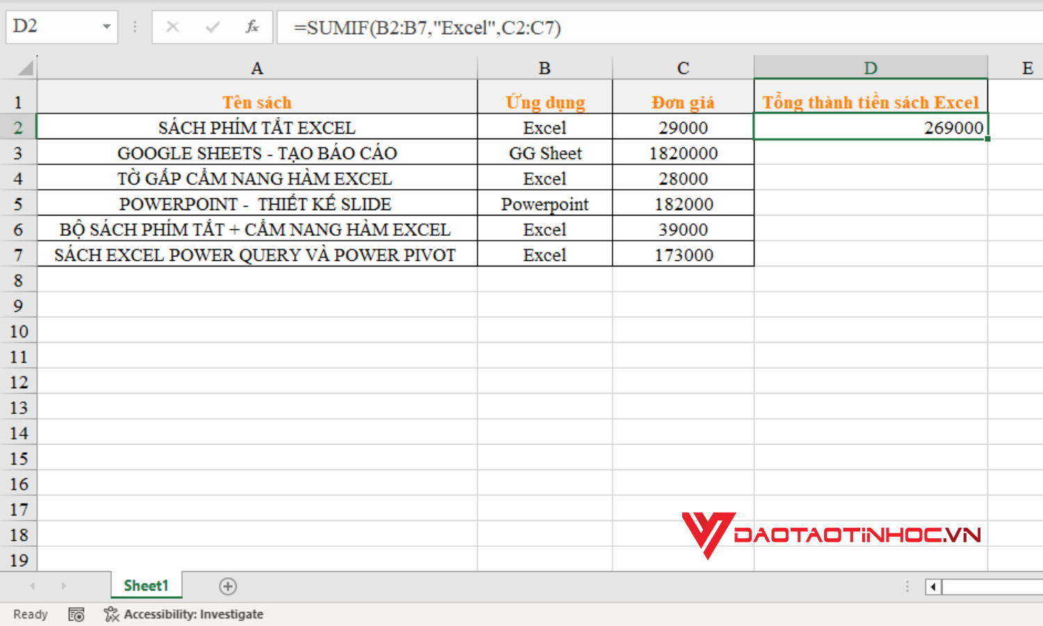 Cách dùng hàm SUMIF - Bước 2