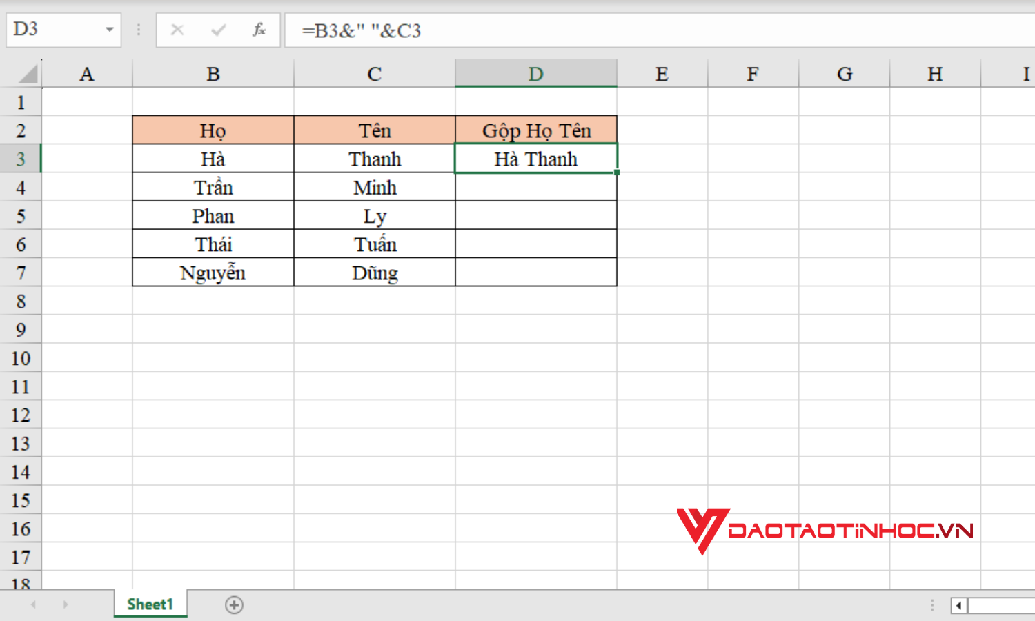 Cách gộp họ và tên trong Excel bằng công thức - Bước 2