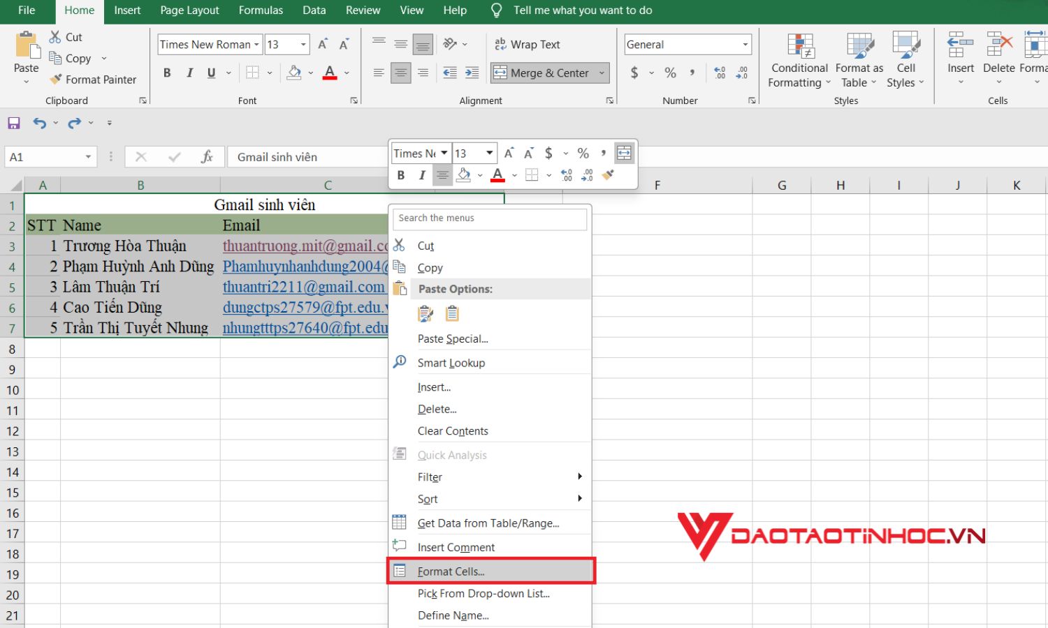 Cách kẻ khung trong Excel bằng bằng chuột phải - bước 2