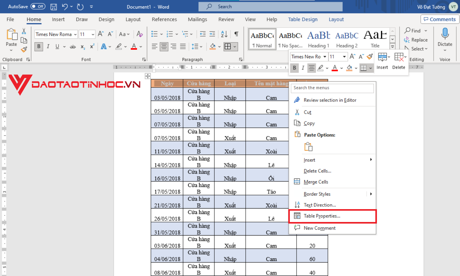 Cách lặp lại tiêu đề trong Word bằng Repeat Header Rows - Bước 2