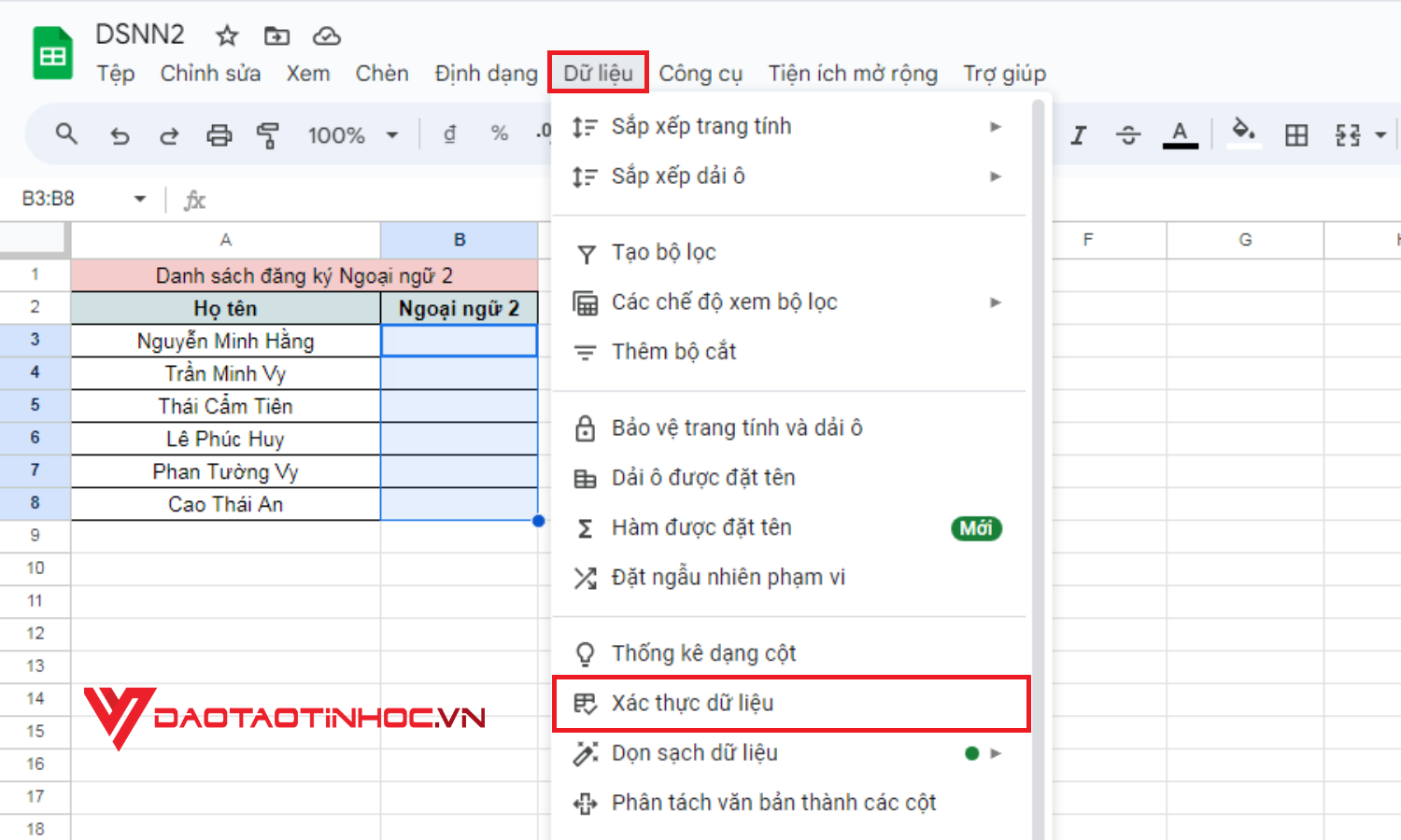 Cách tạo lựa chọn trong Google Sheet bằng dữ liệu tự nhập - Bước 2