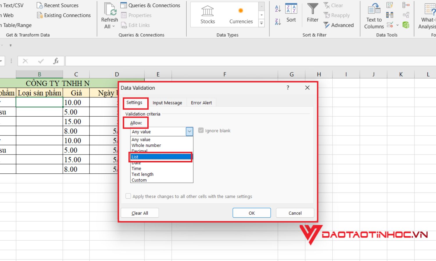 Cách tạo lựa chọn trong excel - Bước 3