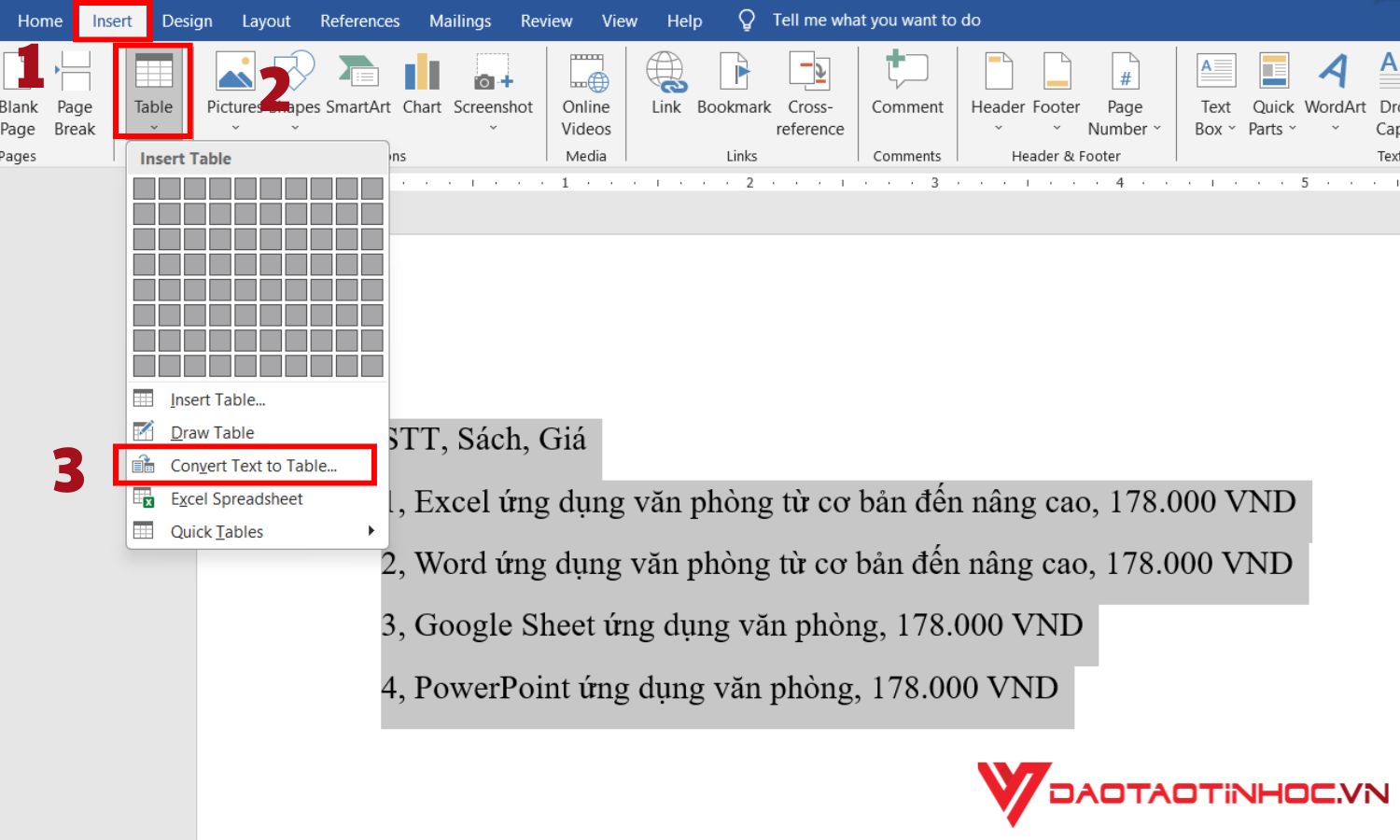 Cách chuyển văn bản thành bảng trong word - bước 2