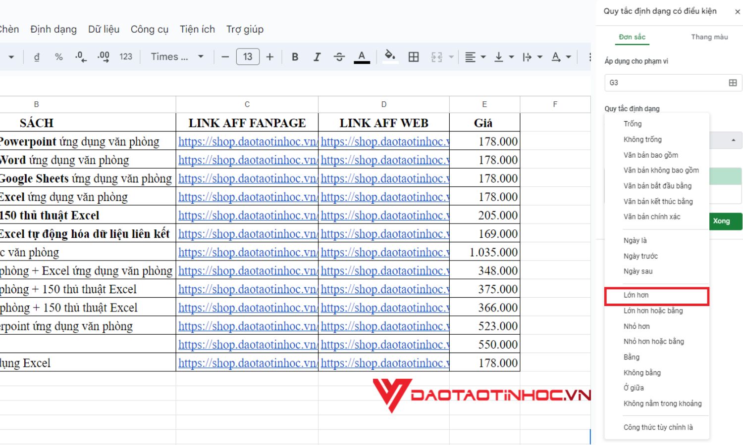 Conditional formatting trong google sheet cơ bản - Bước 4