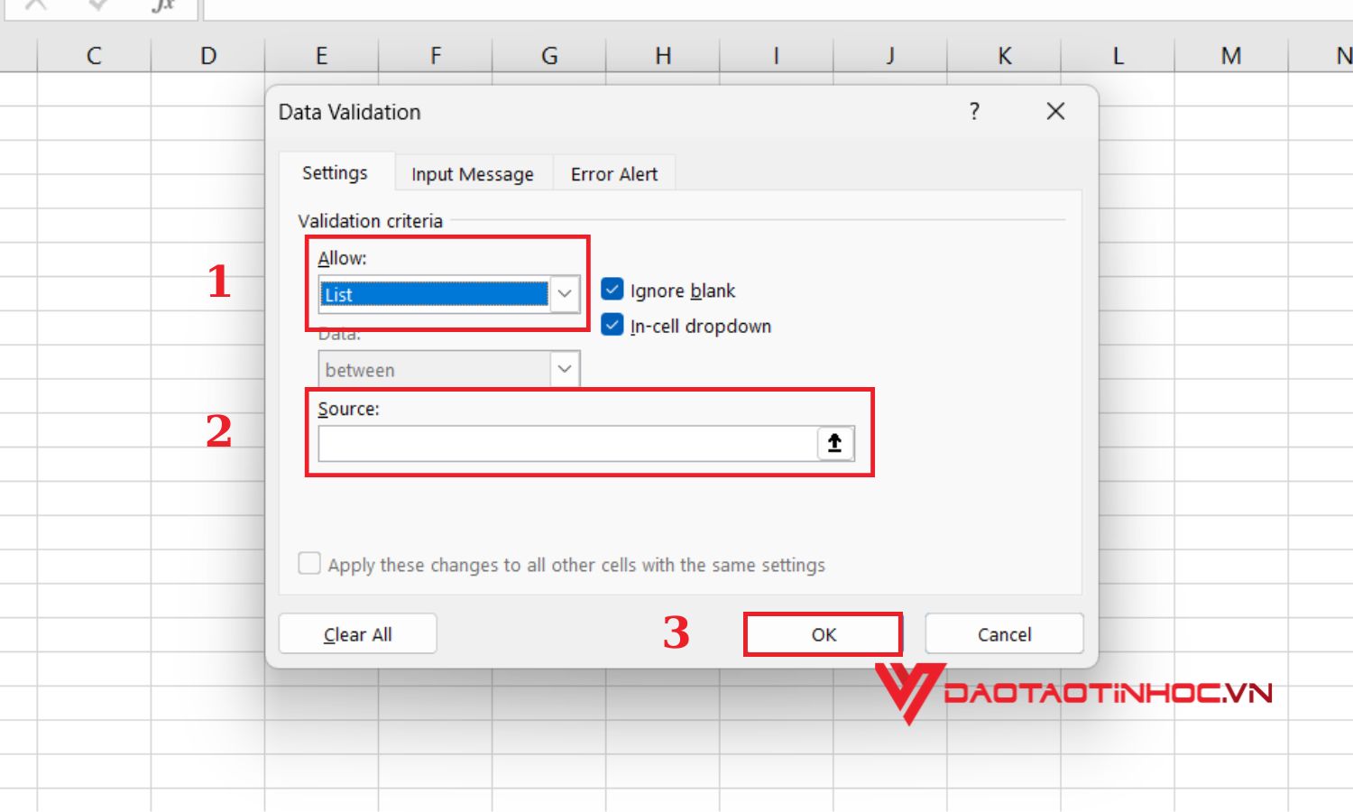 Data validation trong Excel theo giá trị - bước 3