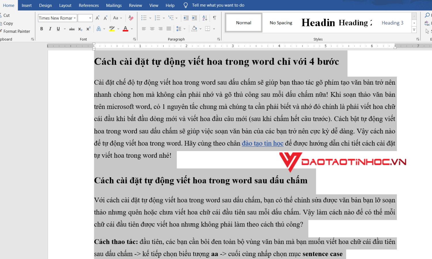 Cách cài đặt tự động viết hoa trong word sau dấu chấm