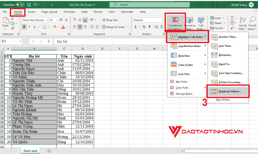 Kiểm tra trùng lặp trong Excel - Bước 2