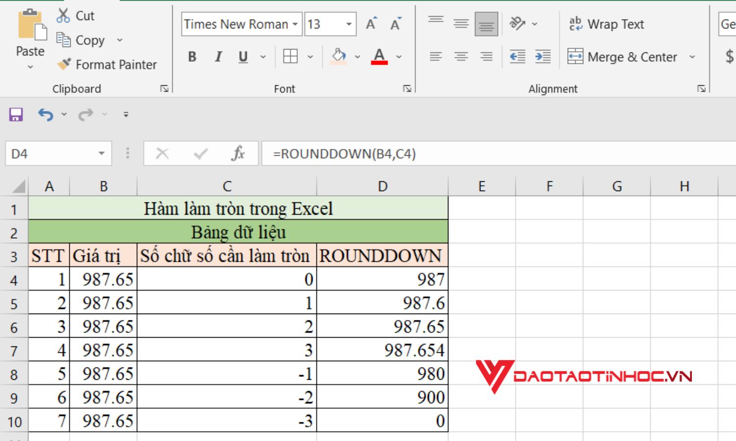 ROUNDDOWN - Làm tròn số xuống trong Excel - Bước 2