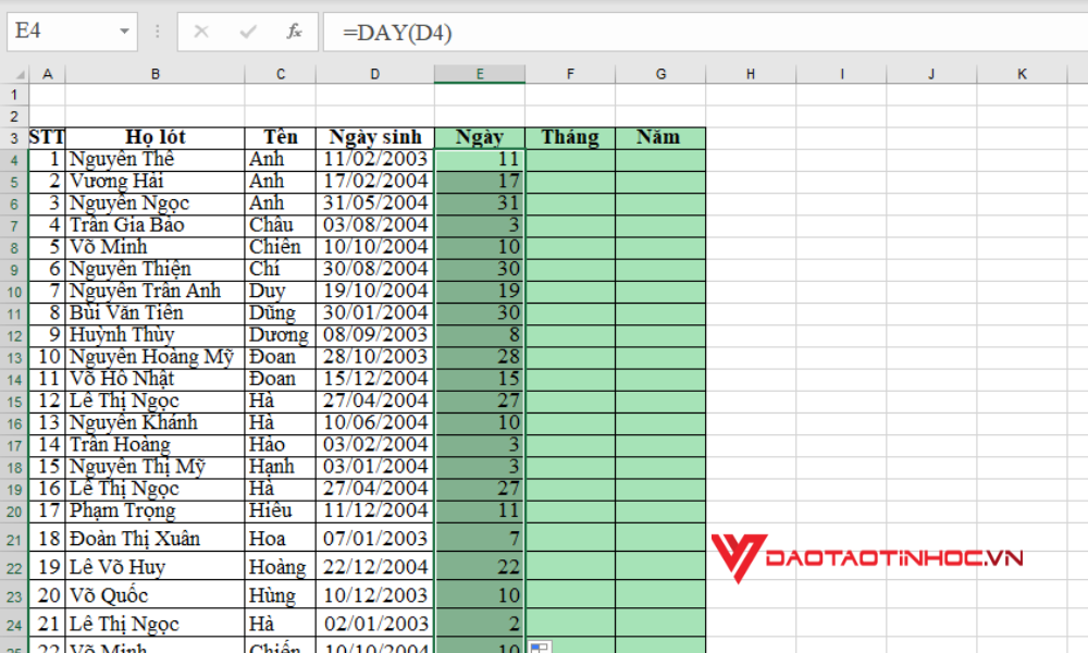Tách ngày tháng năm trong Excel - Bước 1