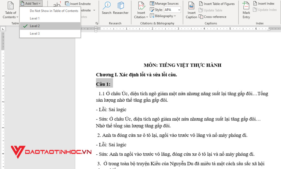 Tạo mục lục tự động trong Word - Level 2