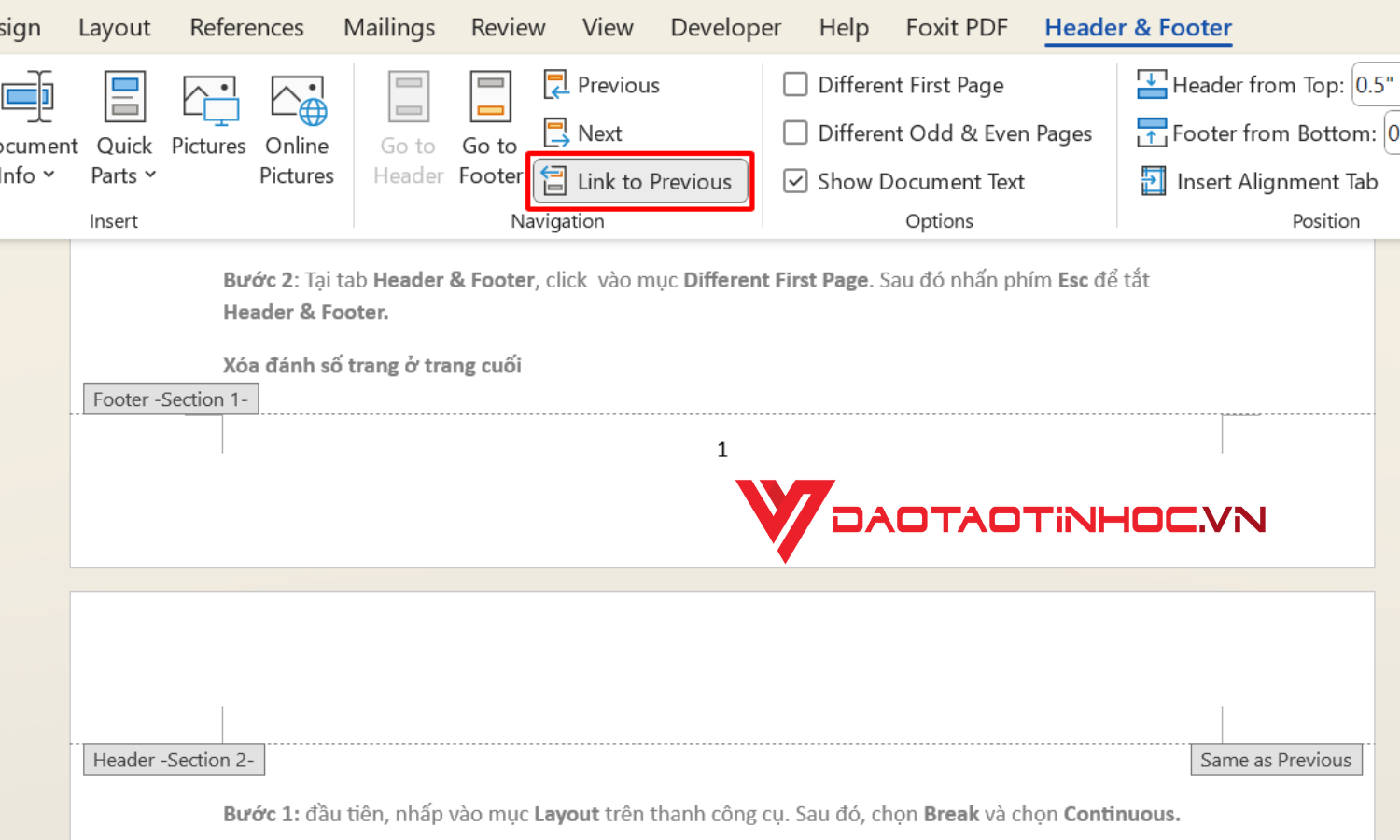 Tắt tính năng Link to previous để xóa liên kết với những trang khác