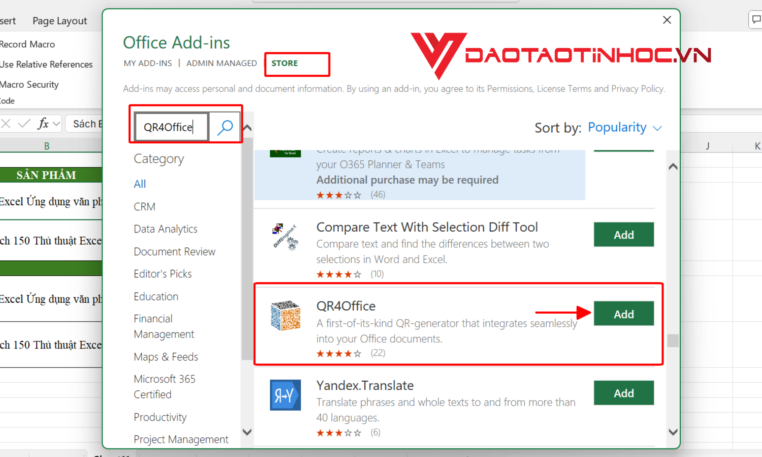 Tìm kiếm tiện ích QR4Office và nhấn thêm vào