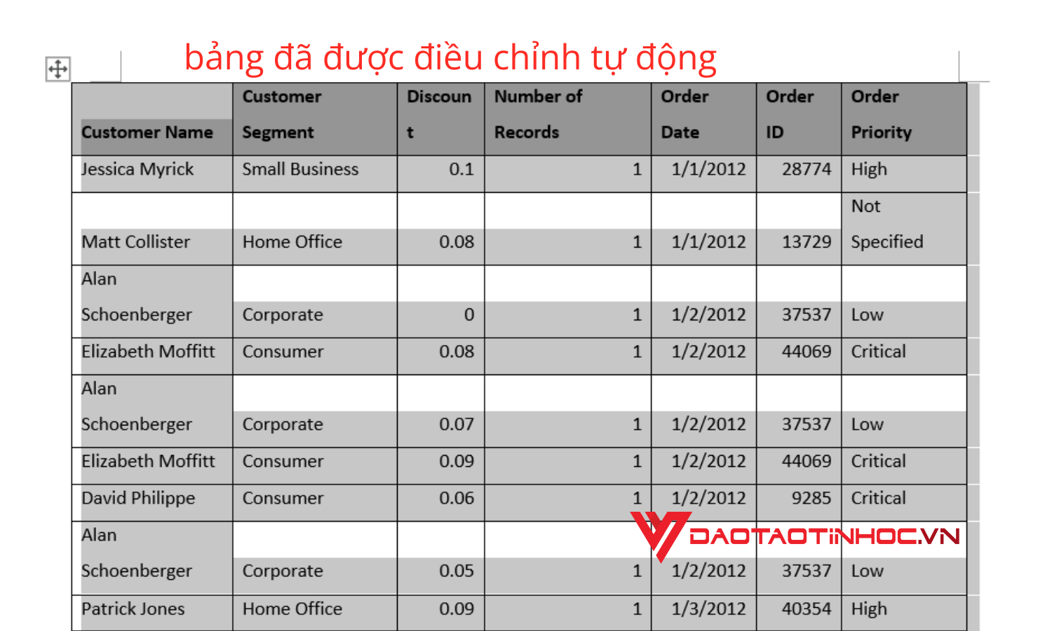 Bảng dữ liệu đã được căn chỉnh tự động với tính năng AutoFit