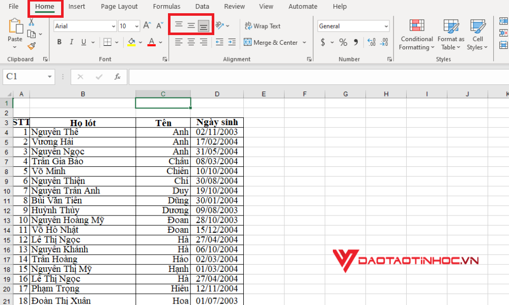Cách căn chỉnh văn bản trong Excel bằng thanh Menu theo chiều dọc