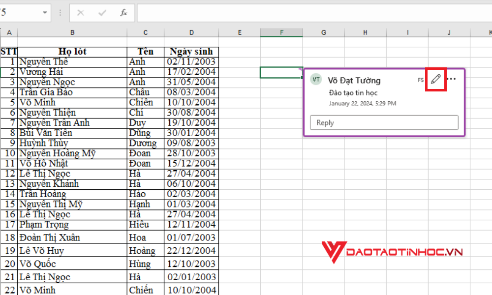 Cách chỉnh sửa comment trong Excel - Bước 1