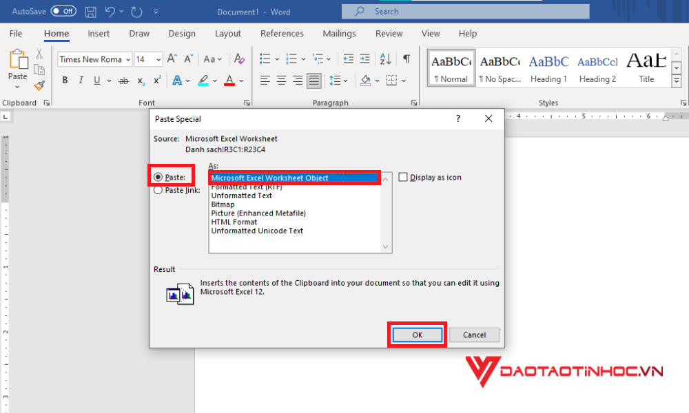 Cách chuyển Excel sang Word bằng Copy - tính năng Paste Special - Bước 3