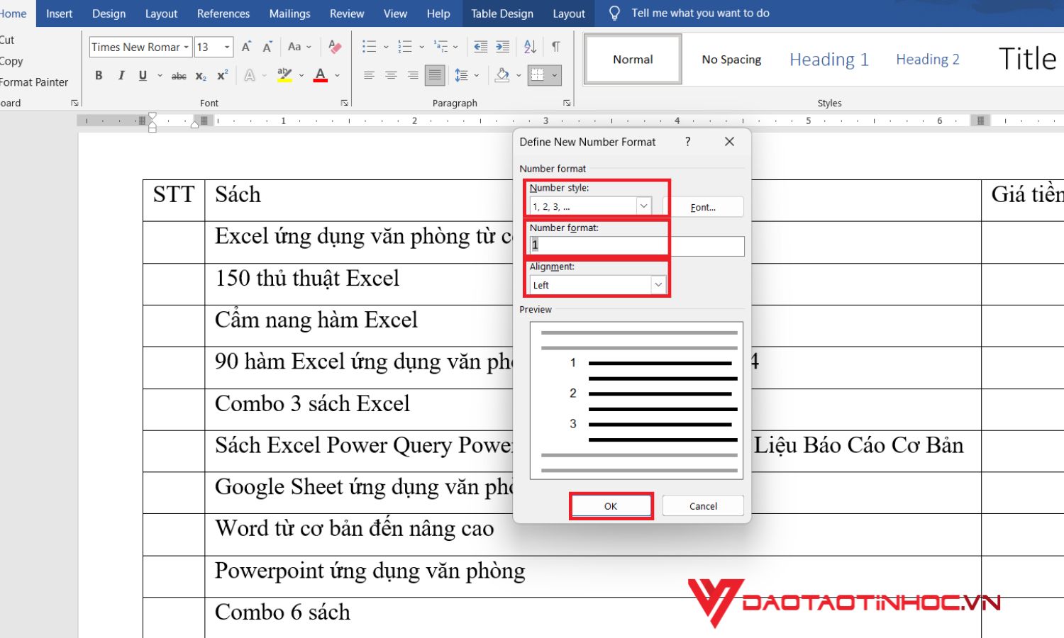 Cách đánh số thứ tự trong Word cho một cột - bước 4