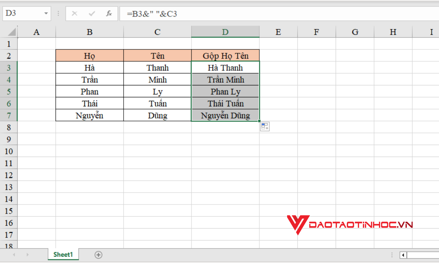 Cách gộp họ và tên trong Excel bằng công thức - Bước 3