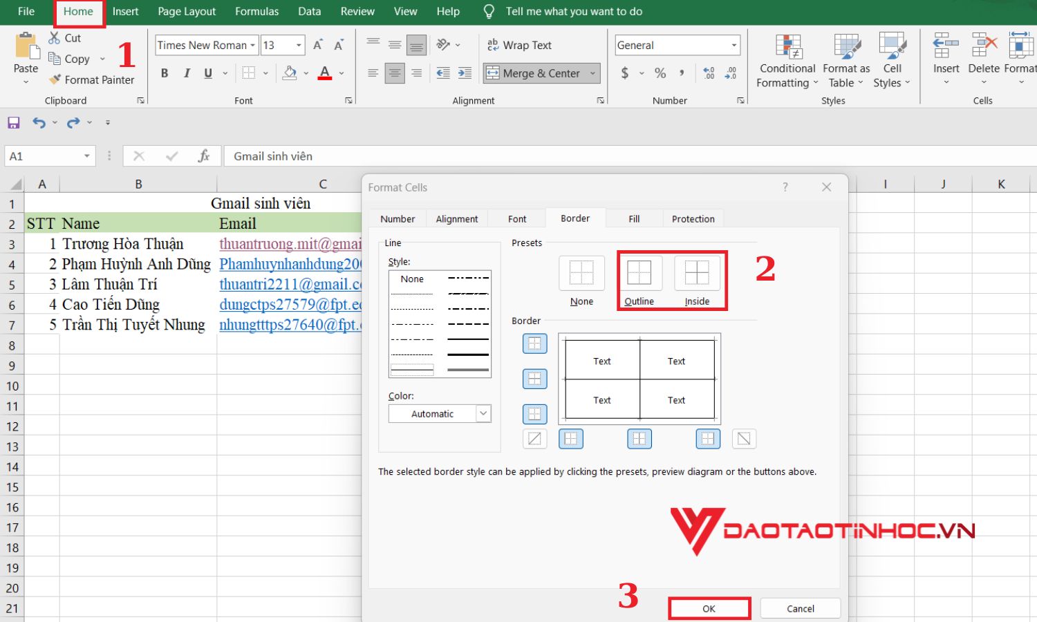 Chọn nét để kẻ trong khung excel - bước 2