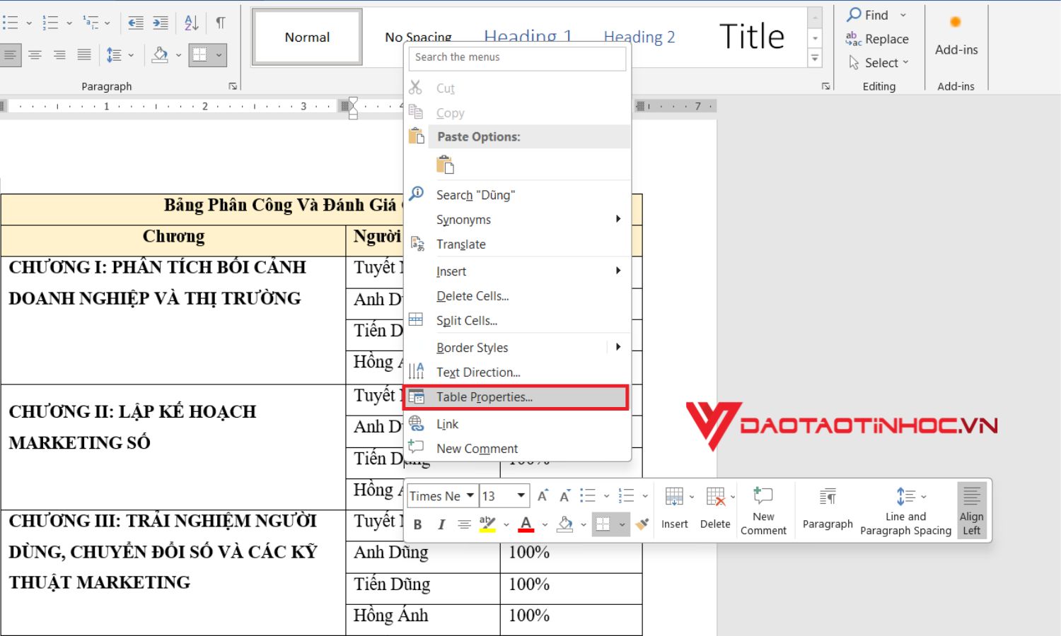 Cách khắc phục khi Word bị nhảy trang do chèn bảng - bước 1