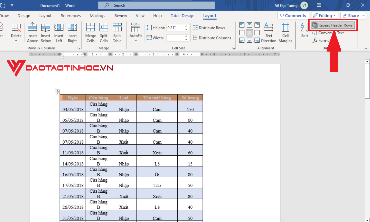 Cách lặp lại tiêu đề trong Word bằng Repeat Header Rows - Bước 3