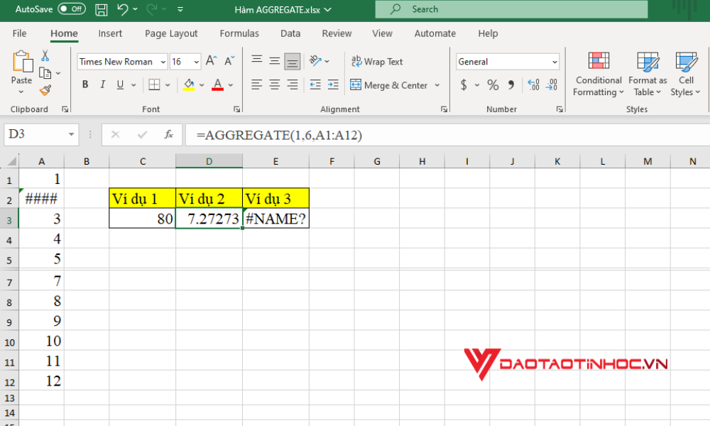 Cách sử dụng hàm AGGREGATE trong Excel dùng để tính trung bình