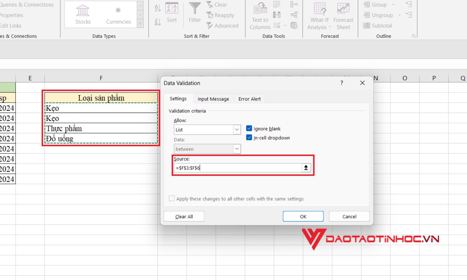 Cách tạo lựa chọn trong excel - Bước 4