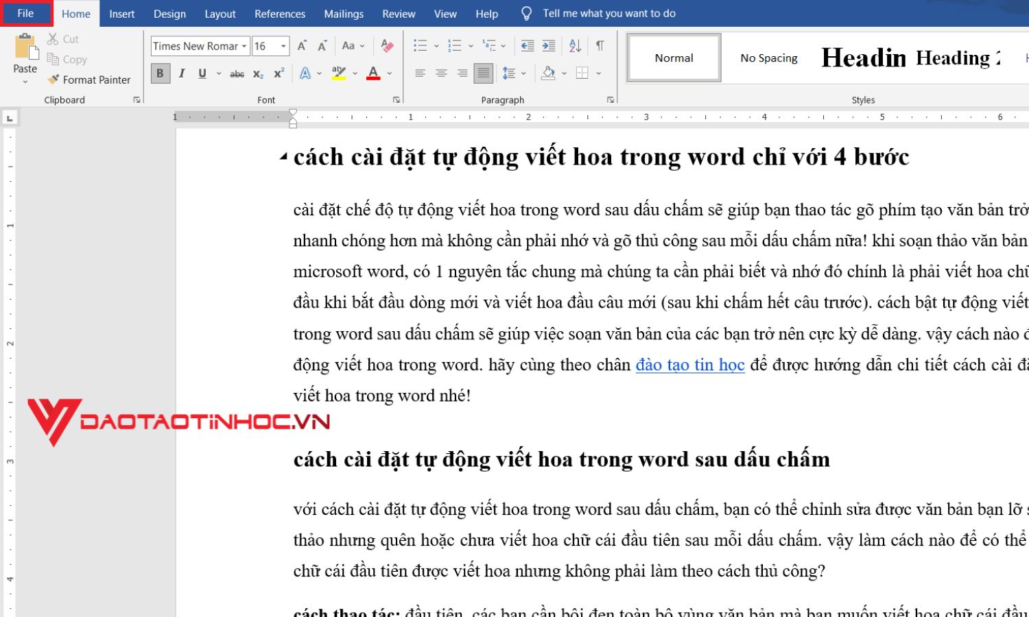 Cài chế độ mặc định tự động viết hoa trong word - Bước 1