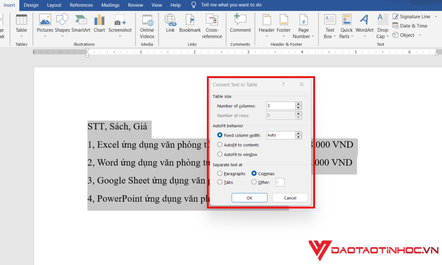 Cách chuyển văn bản thành bảng trong word - bước 3