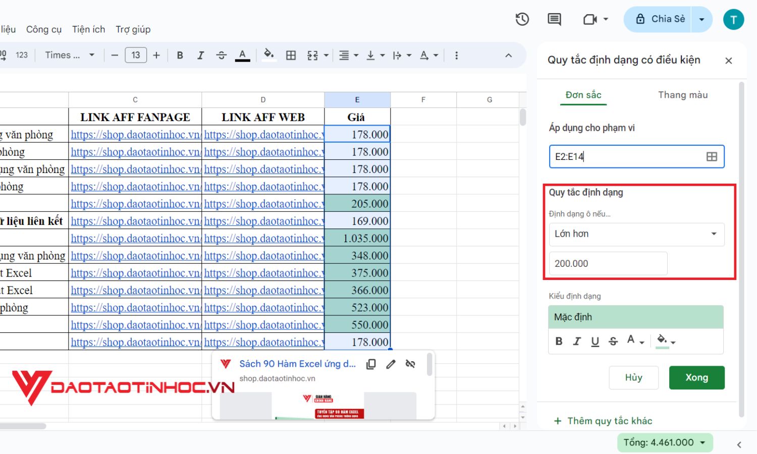 Conditional formatting trong google sheet cơ bản - Bước 5