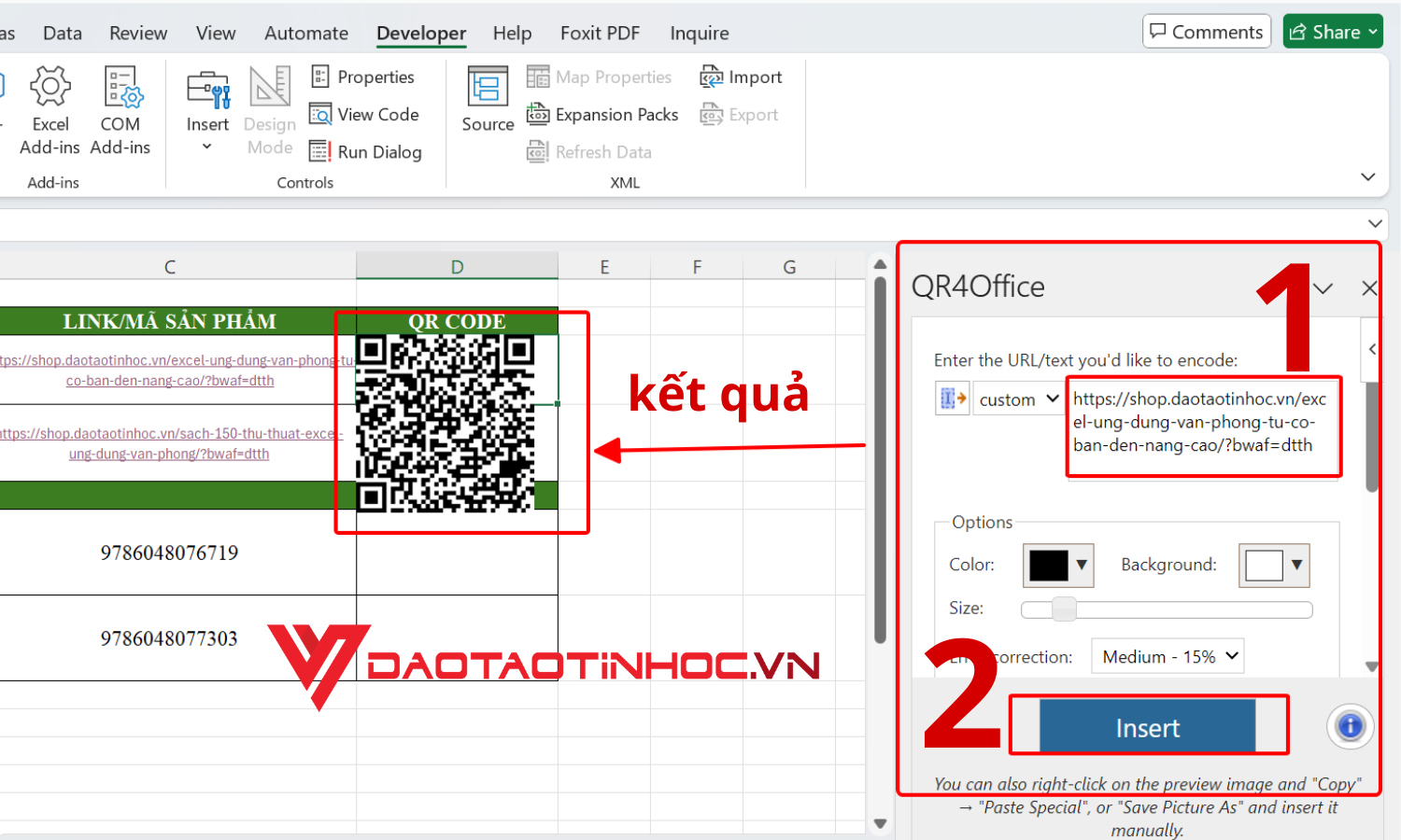 Dán link cần tạo mã và điều chỉnh những thông số phù hợp