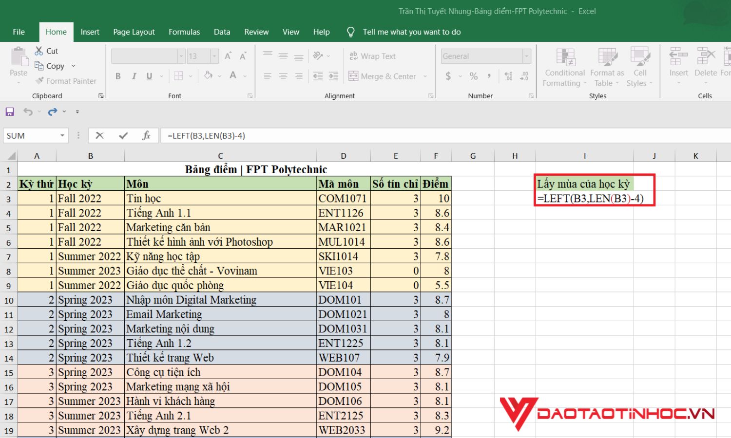 Dùng hàm LEN kết hợp với LEFT là hàm lấy ký tự trong excel - bước 2