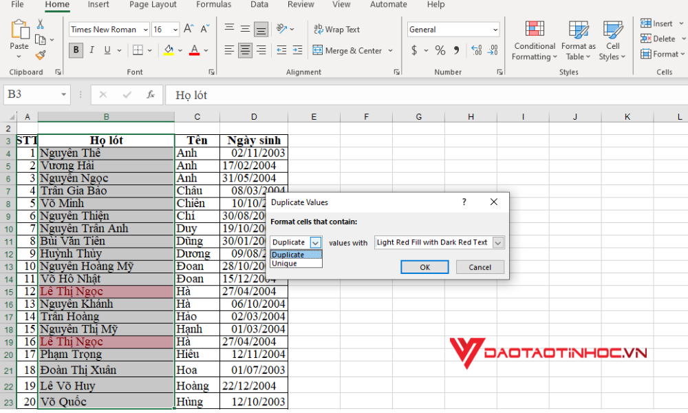 Kiểm tra trùng lặp trong Excel - Bước 2