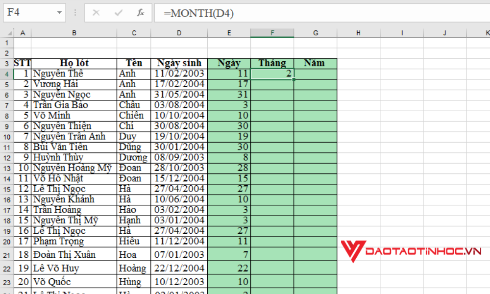 Tách ngày tháng năm trong Excel - Bước 2