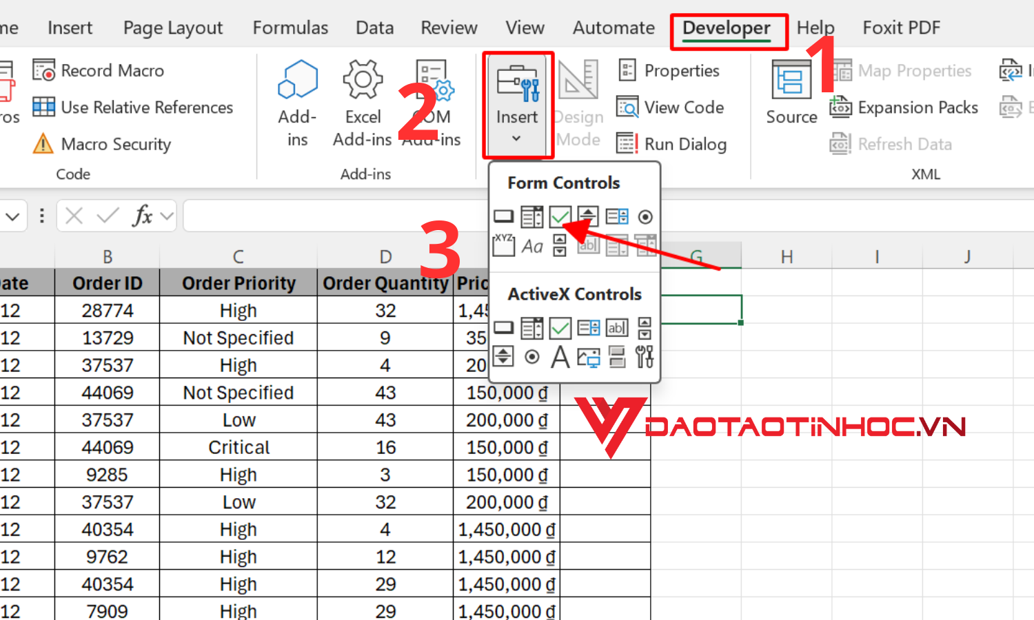 Tạo Checkbox bằng thẻ Developer - bước 1