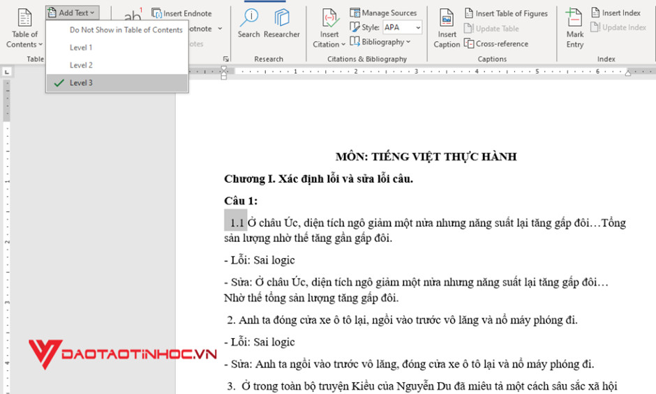 Tạo mục lục tự động trong Word - Level 3