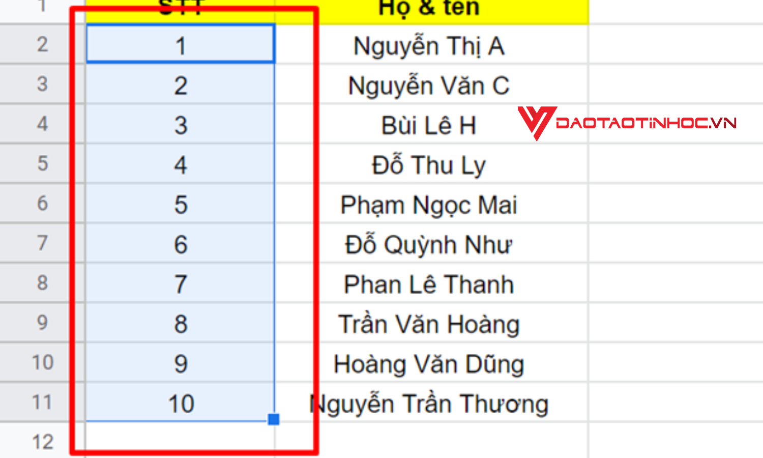 Cách đánh số thứ tự trong Google Sheet tự động - Kết quả