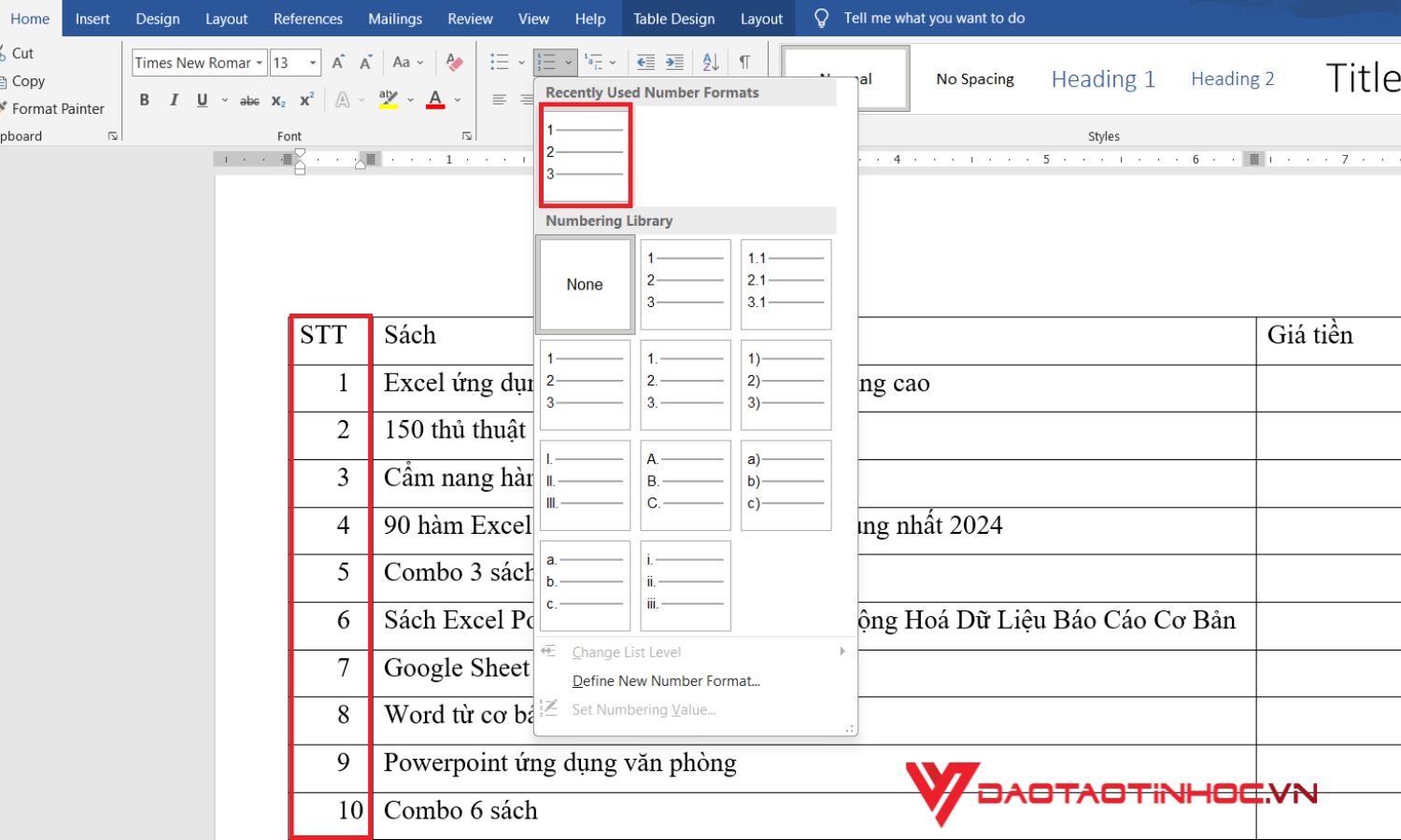 Cách đánh số thứ tự trong Word cho một cột - bước 5