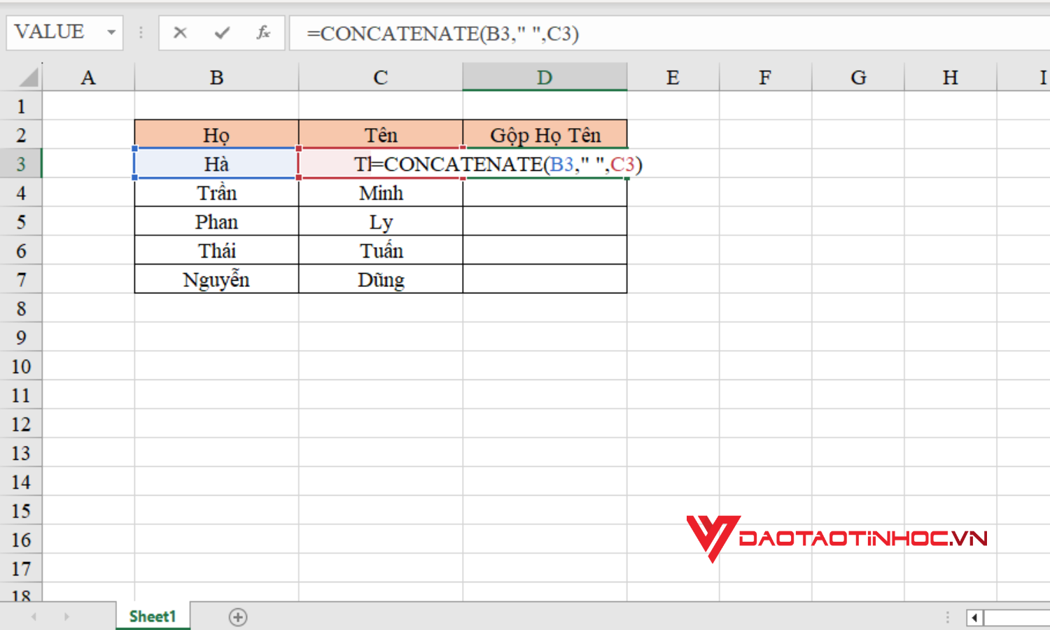 Cách gộp họ và tên trong Excel bằng hàm CONCATENATE - Bước 1