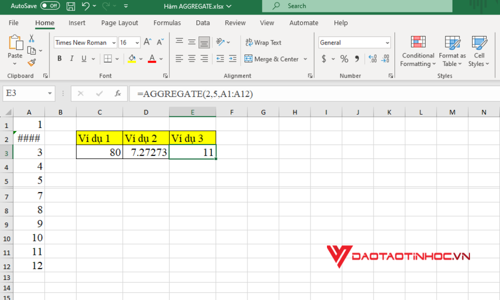 Cách sử dụng hàm AGGREGATE trong Excel dùng để đếm số ô dữ liệu