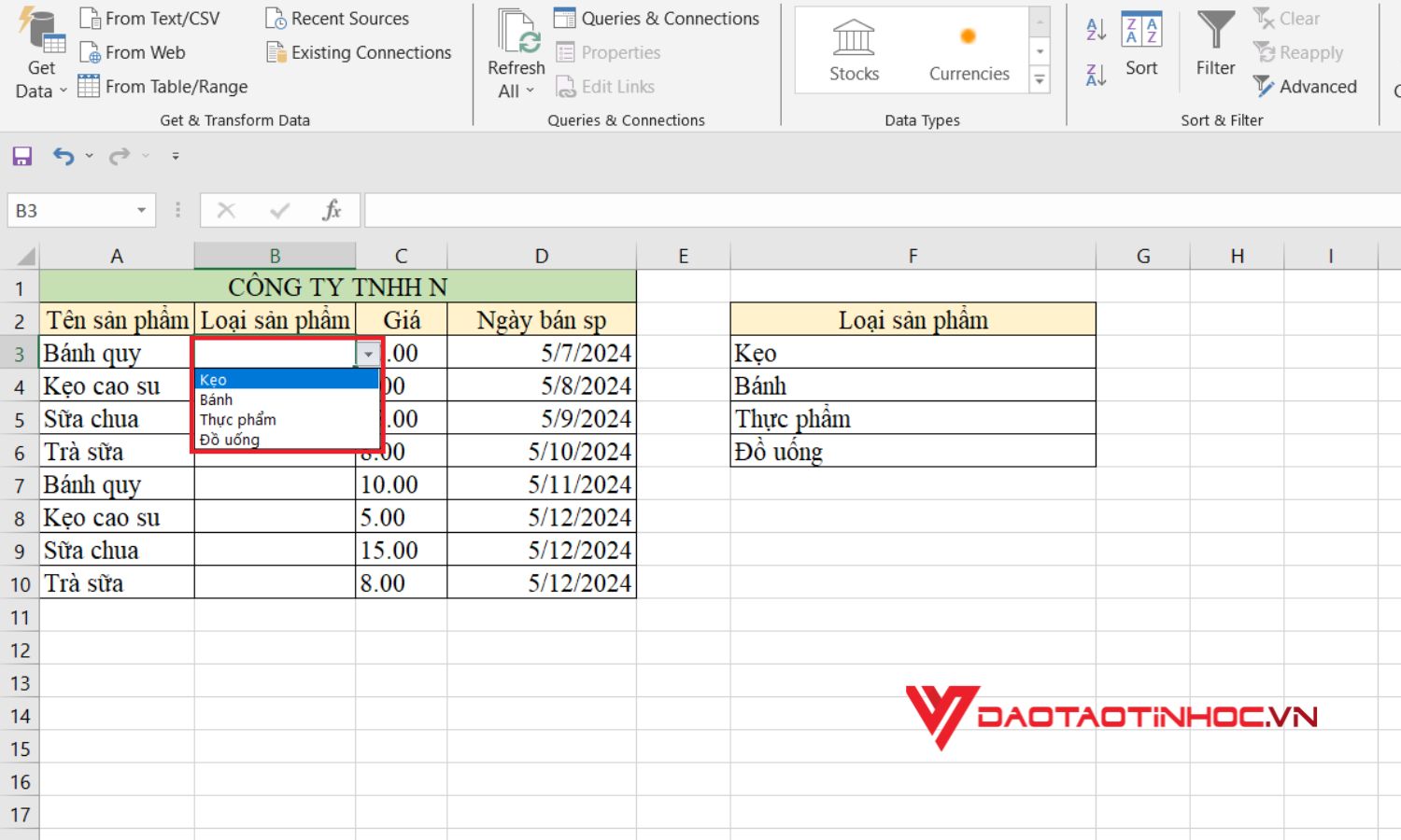 Cách tạo lựa chọn trong excel - Bước cuối