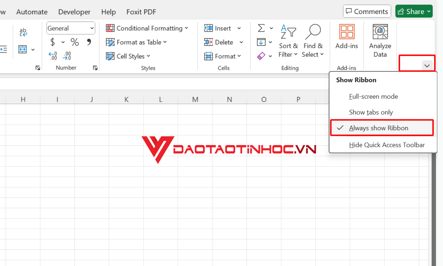 Chọn Always show Ribbon để hiển thị thanh công cụ